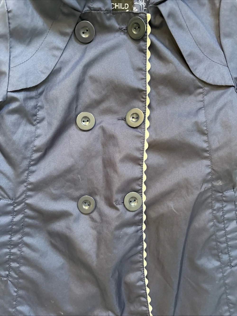 Rothschild Navy Blue Raincoat Jacket Double Breasted Button Scalloped Trim